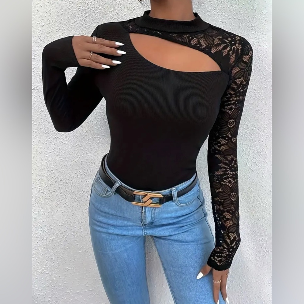 Black lace open chest long sleeve top